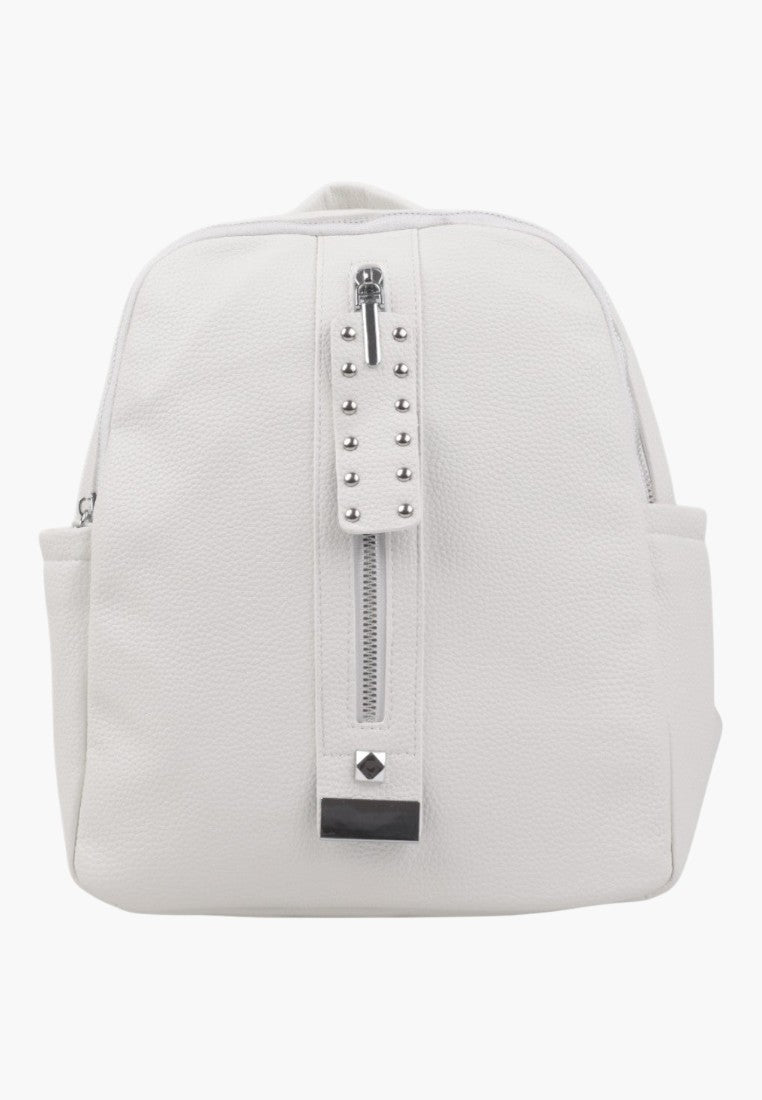 Falio white urban women's backpack made of textured eco-leather with silver stud details and a central zipper