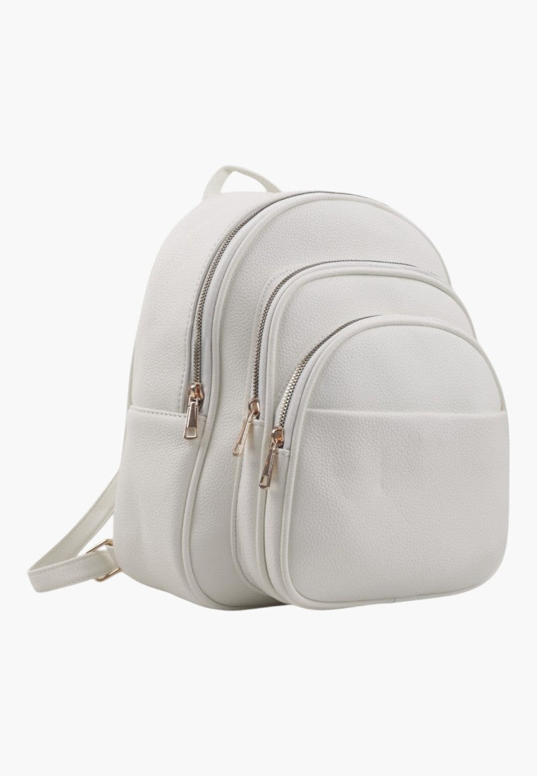 Falio white urban backpack made of eco-leather with multiple zippered compartments and a modern minimalist design.