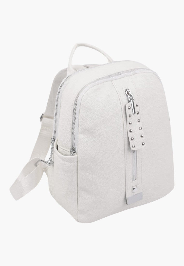 Falio white urban backpack made of eco-leather with silver stud details and a front zippered pocket