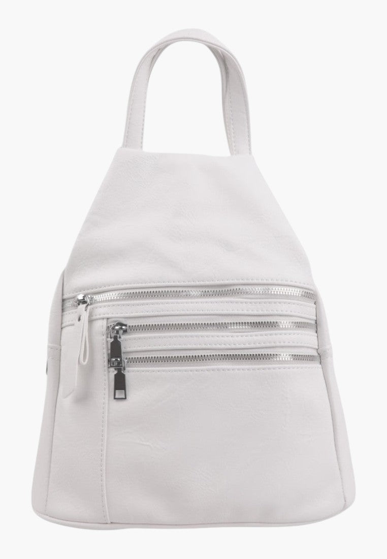 Falio white urban backpack made of eco-leather with multiple silver zippered pockets and a top handle