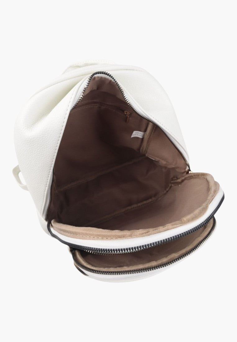 Falio white urban backpack made of eco-leather with open zippered compartments and brown interior lining