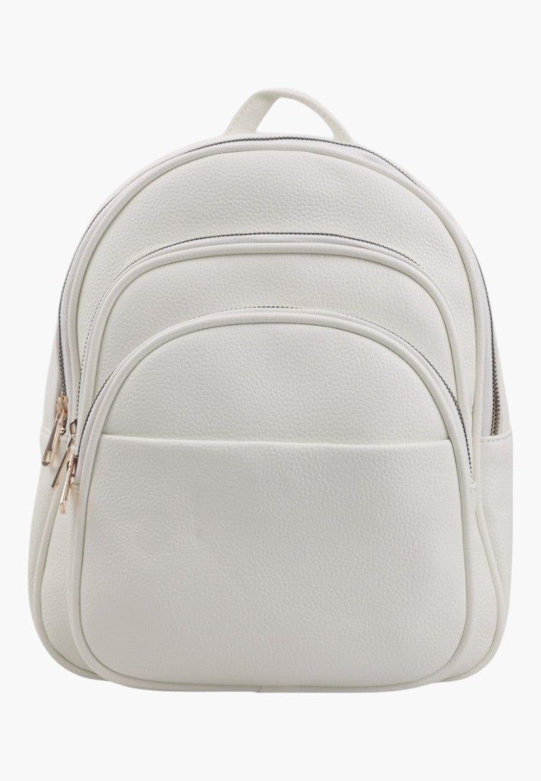 Falio white urban backpack made of eco-leather with multiple zippered compartments and a spacious main interior.