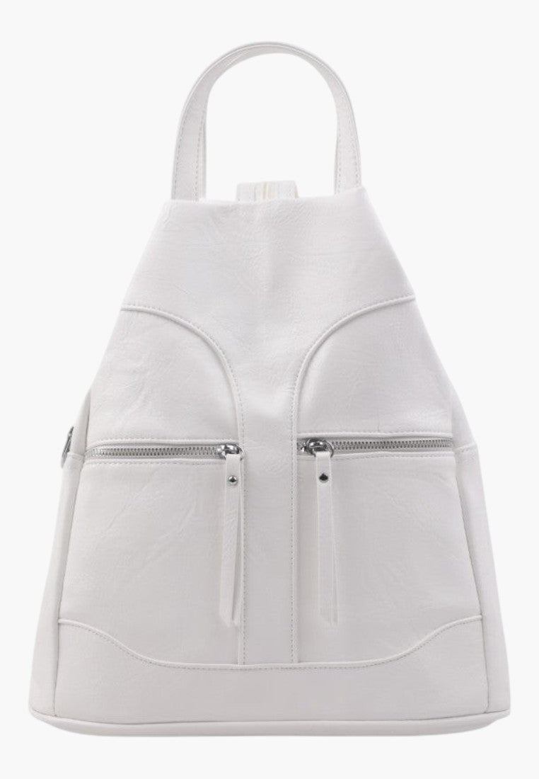 Falio white urban backpack made of eco-leather with two front zippered pockets and a minimalist design.