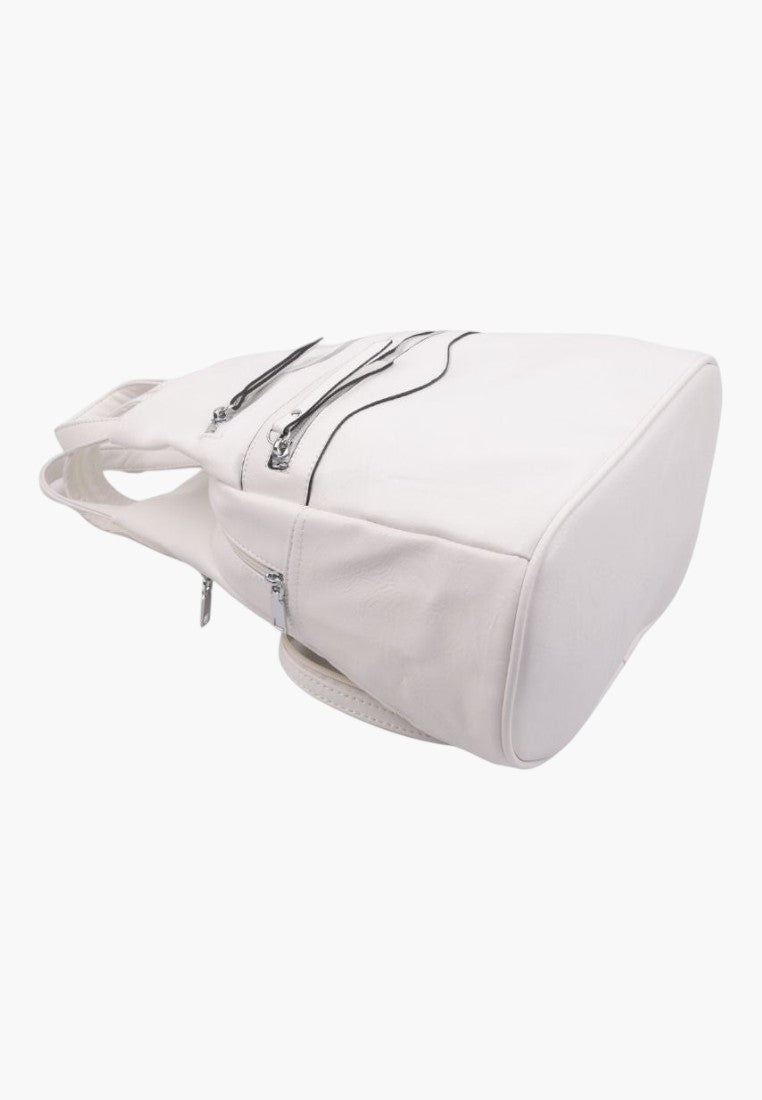 Falio white urban backpack made of eco-leather with multiple zippered pockets and a spacious 16L main compartment.