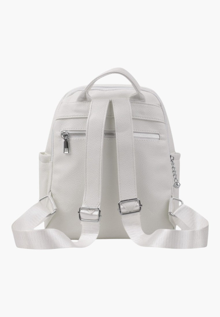 Falio white urban women's backpack made of eco-leather with adjustable straps and silver zipper details