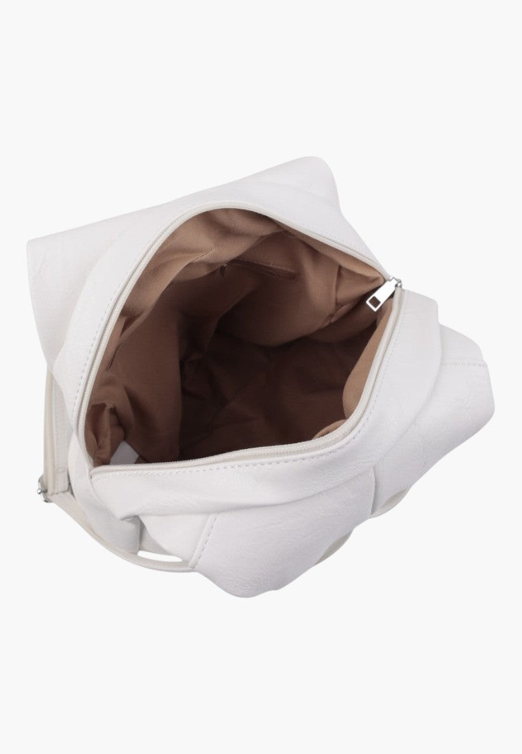 Falio small white faux leather urban backpack with open zippered main compartment and beige interior lining