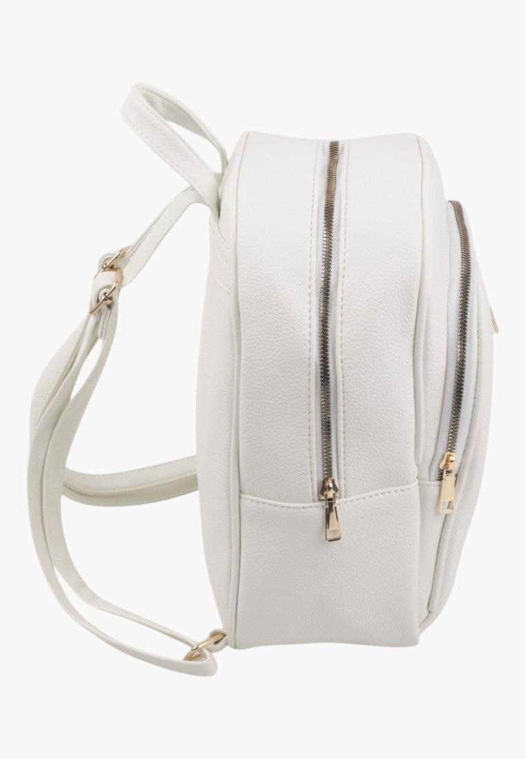 Falio white faux leather urban backpack with side view showing dual zipper compartments and adjustable straps
