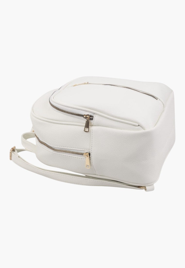 Falio white faux leather urban backpack with gold zippers and adjustable straps, perfect for daily use.