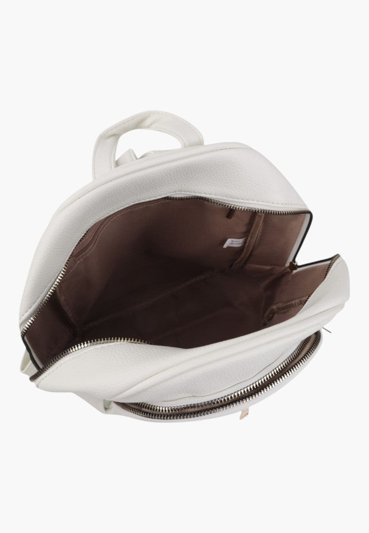 Falio white faux leather urban backpack with open main compartment and silver zipper details