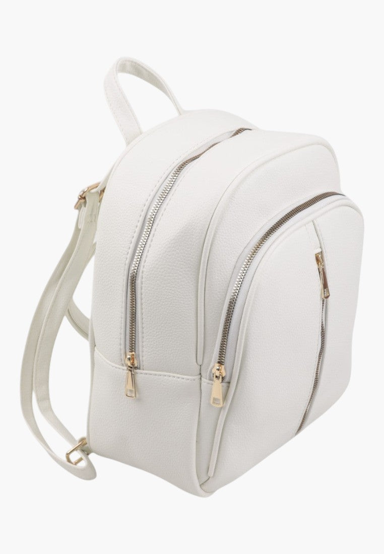 Falio stylish white faux leather urban backpack with gold zippers and spacious compartments for daily use