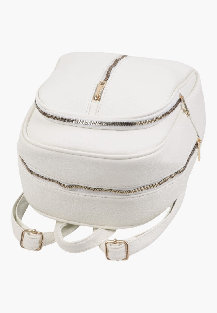 Falio white faux leather urban backpack with gold zippers and adjustable straps for school or travel