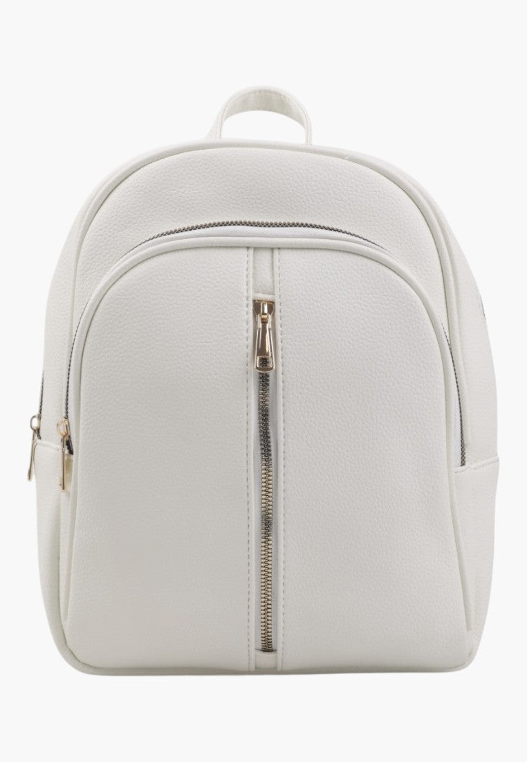 Falio white faux leather urban backpack with a vertical front zipper pocket and spacious A4 capacity