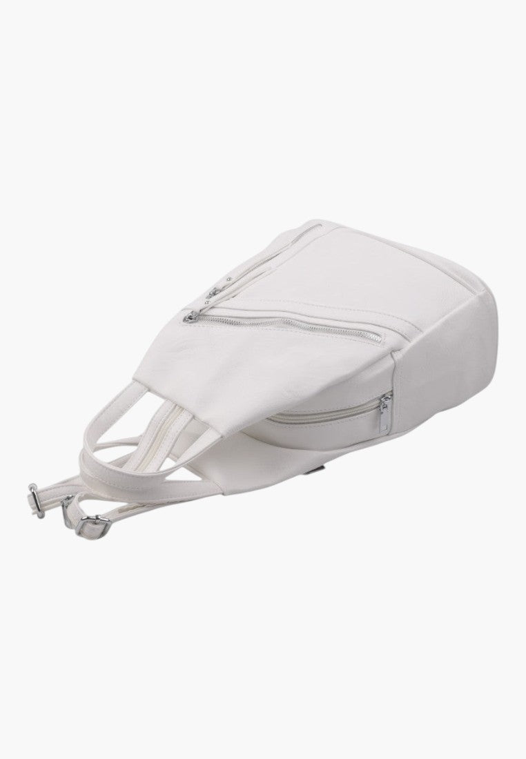 Falio white faux leather urban city backpack with multiple zippered pockets and adjustable straps