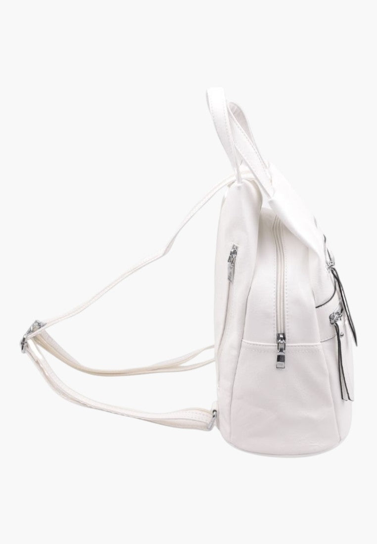 Falio white faux leather urban backpack with side view showing zippers and adjustable straps