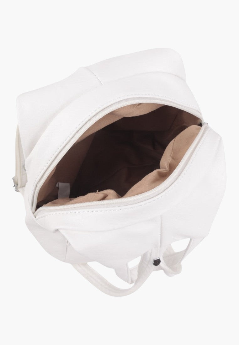 Falio white faux leather urban backpack with open zippered main compartment and beige interior lining