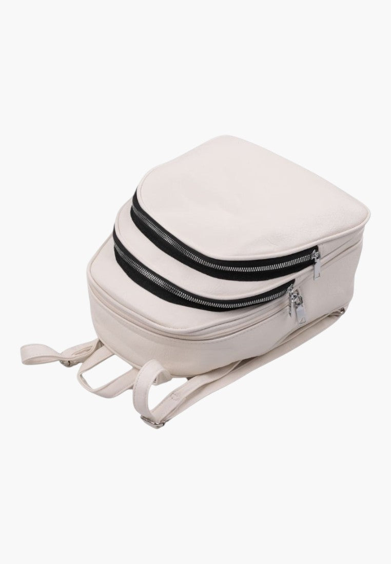 Falio white faux leather urban backpack with multiple zippered compartments and adjustable straps