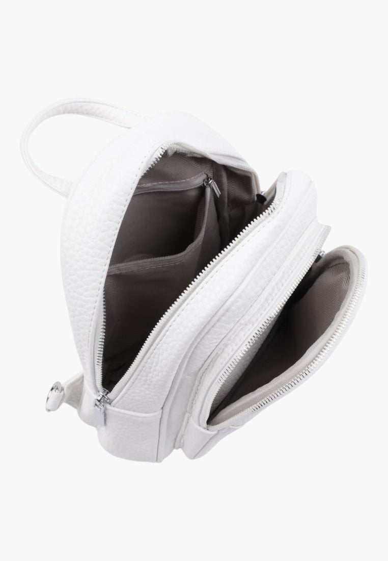 Falio small white faux leather urban backpack with multiple zippered compartments and interior pockets