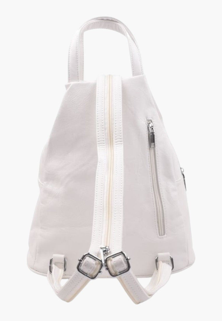 Falio white faux leather urban backpack with adjustable straps and secure zipper closure for daily use