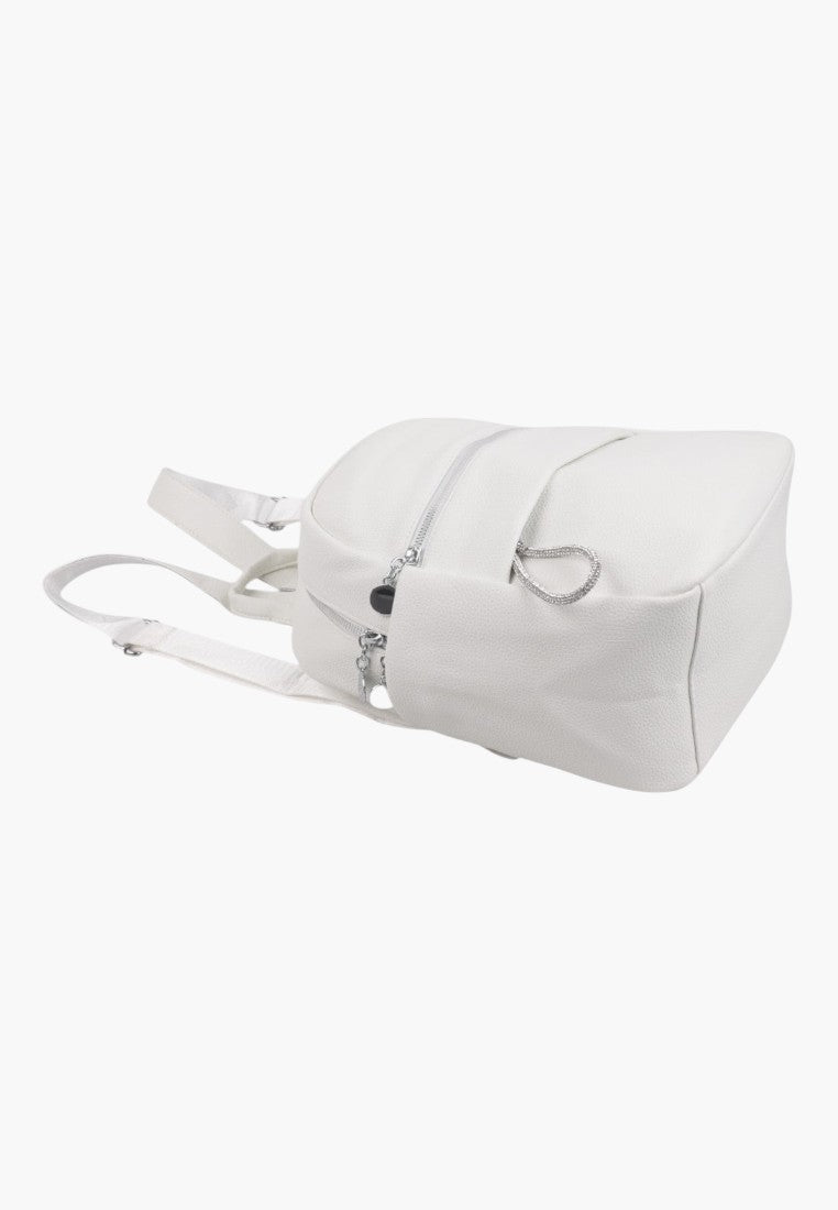 Falio white faux leather urban backpack with a zippered front pocket and adjustable straps
