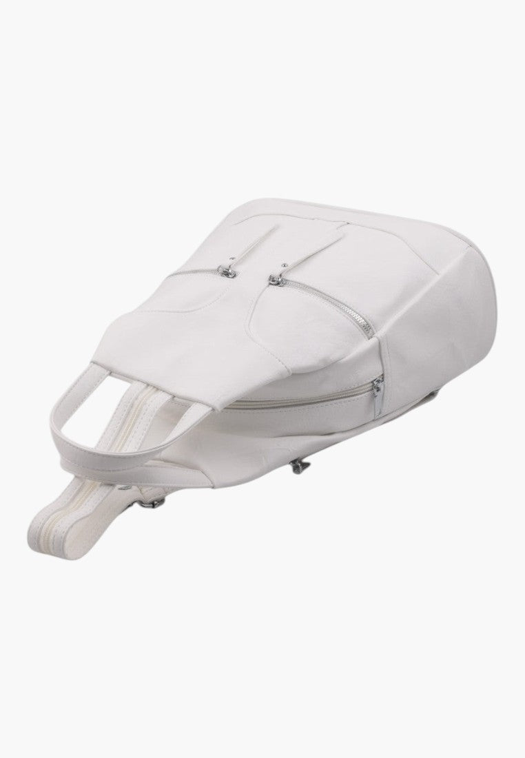 Falio white urban faux leather backpack with multiple zippered compartments for daily use