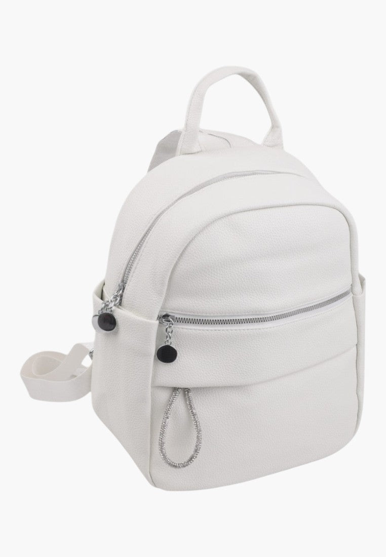 Falio women's urban backpack in white faux leather with a zippered front pocket and silver hardware