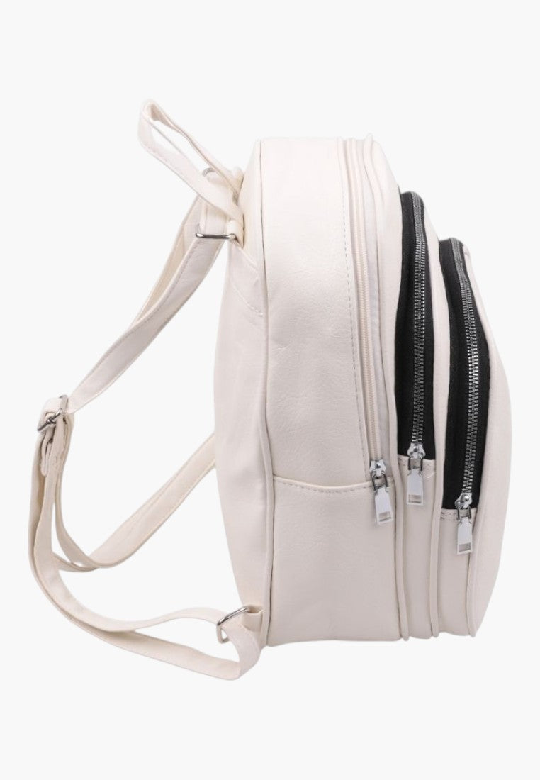 Falio white faux leather urban backpack with side view showing multiple zippered compartments and adjustable straps.