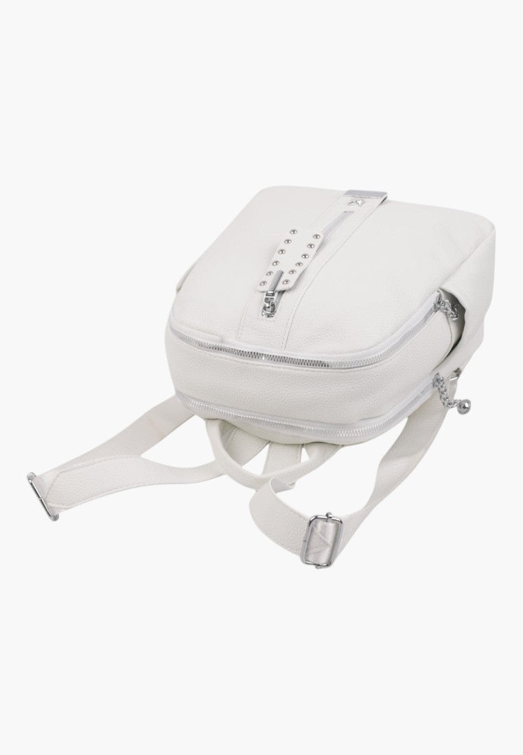 Falio white faux leather urban backpack with silver studded details and zipper closures for women