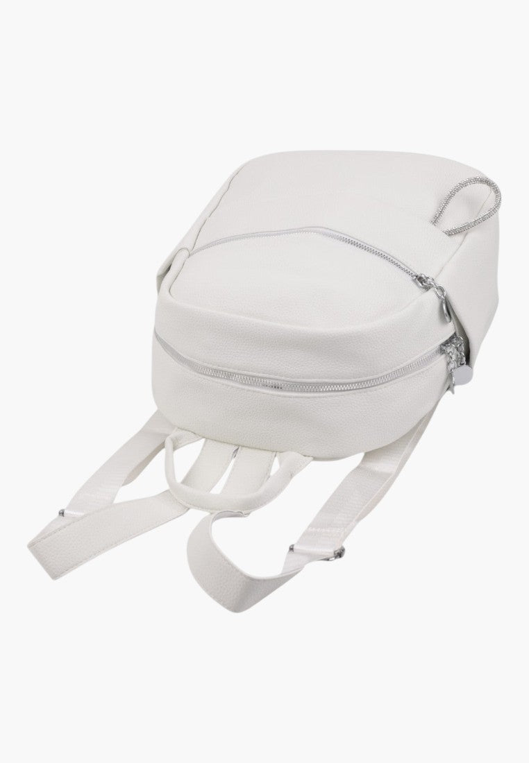 Falio white faux leather urban backpack with silver zippers and adjustable straps, 11L capacity