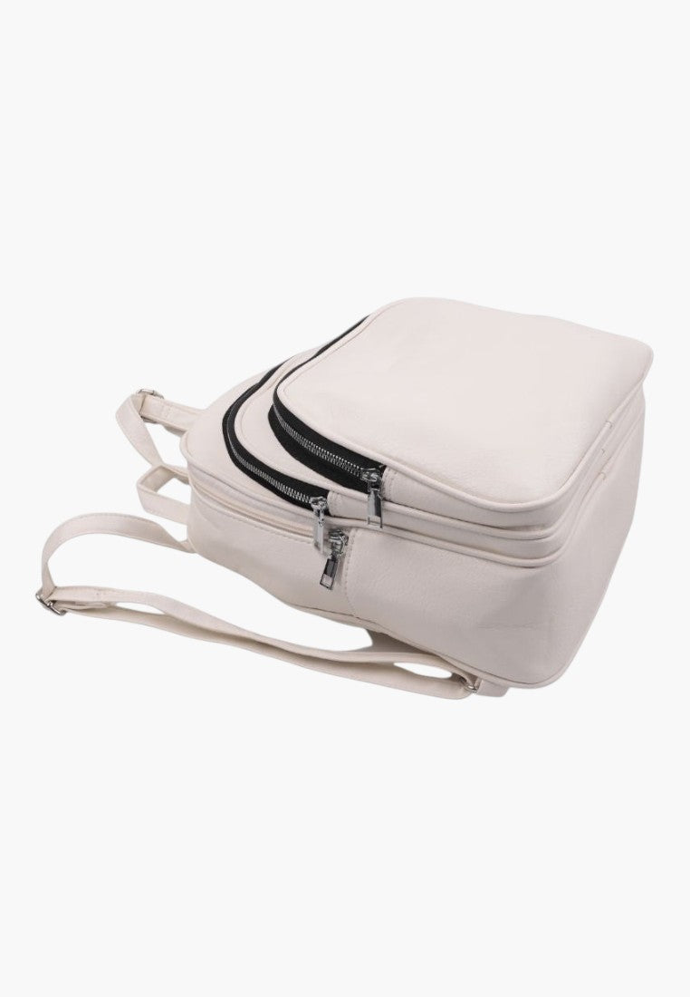 Falio white faux leather urban backpack with multiple zippered compartments and adjustable straps