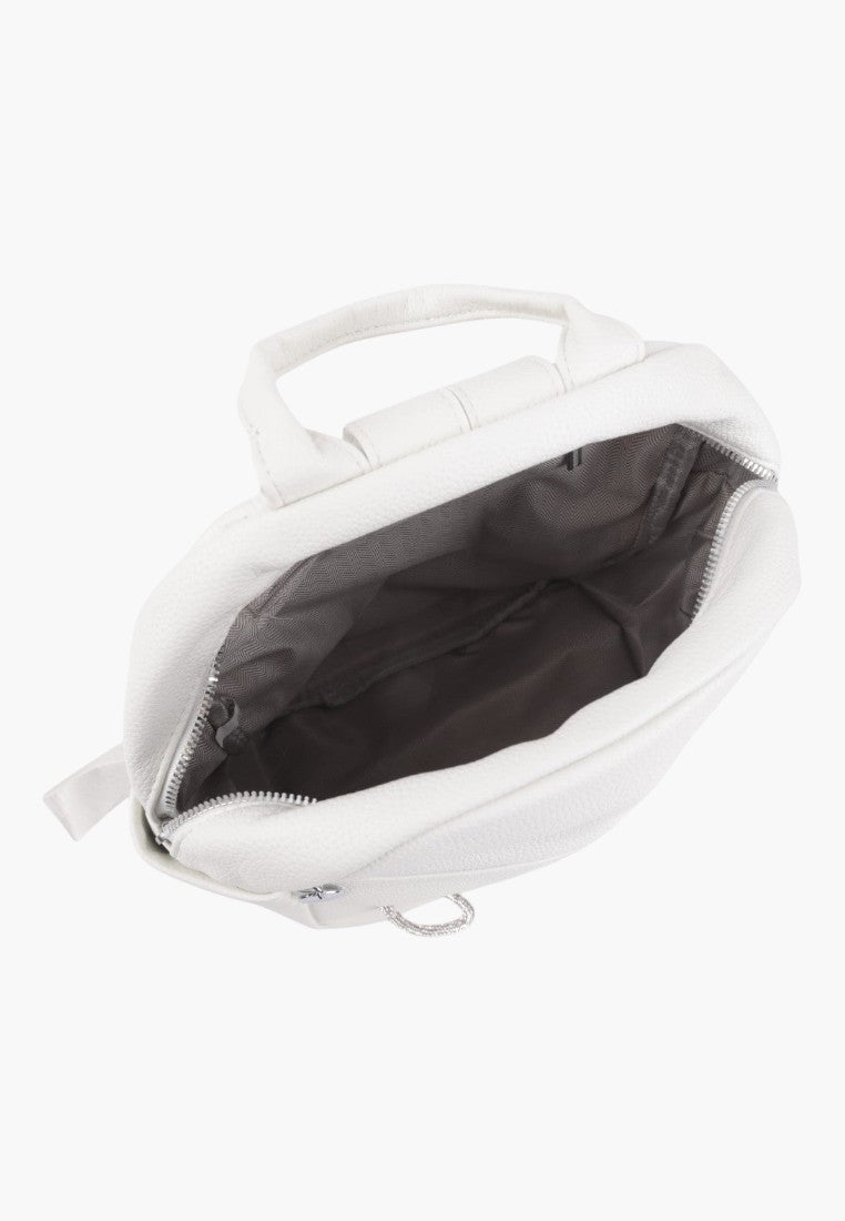 Falio white faux leather urban backpack with a top handle and open zippered main compartment