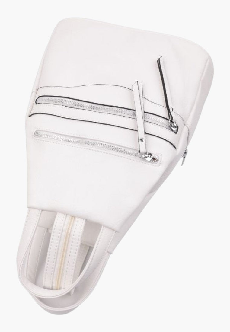 Falio white faux leather urban backpack with multiple zippered pockets and a spacious 16L capacity.