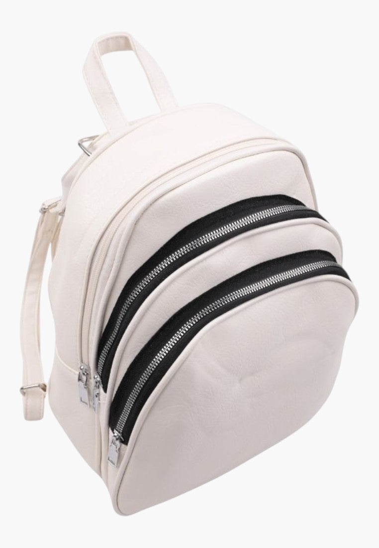 Falio white faux leather urban backpack with three zippered compartments and adjustable straps