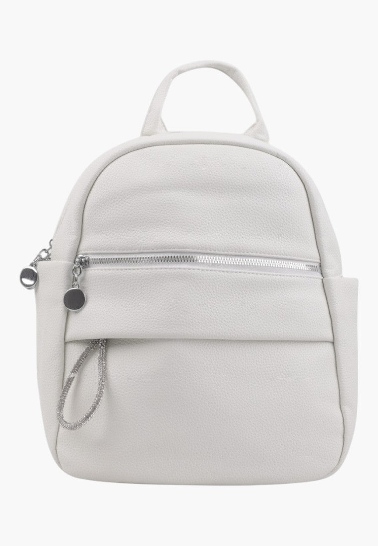 Falio white faux leather urban backpack with a zippered front pocket and silver hardware