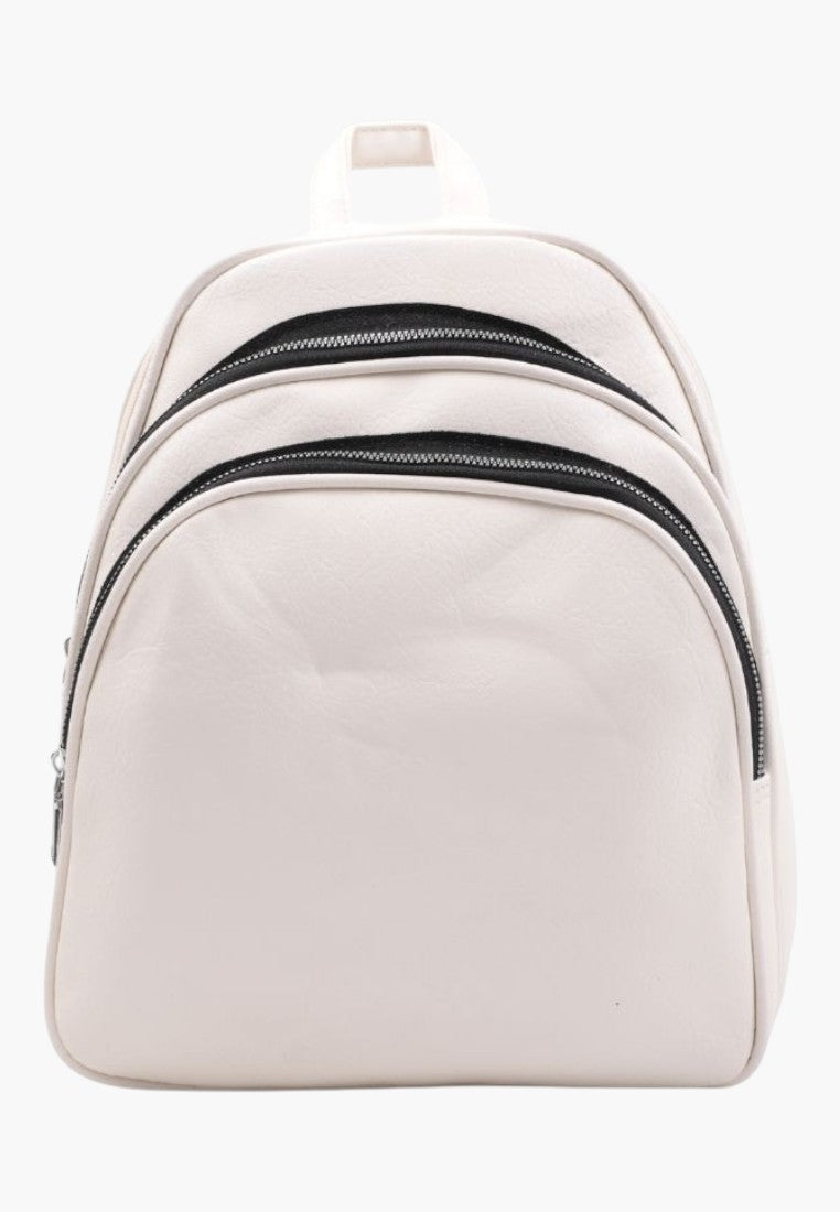 Falio white faux leather urban backpack with two front zippered compartments and a spacious main interior.