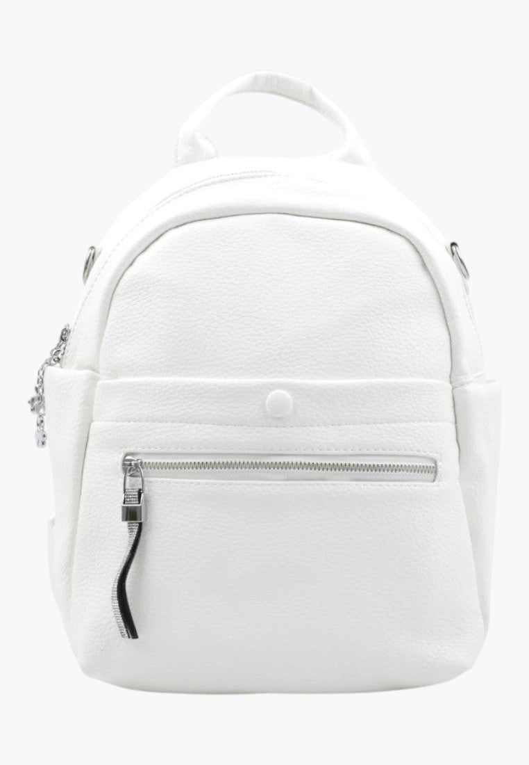 Falio white faux leather urban backpack with a front zipper pocket and top handle for daily use