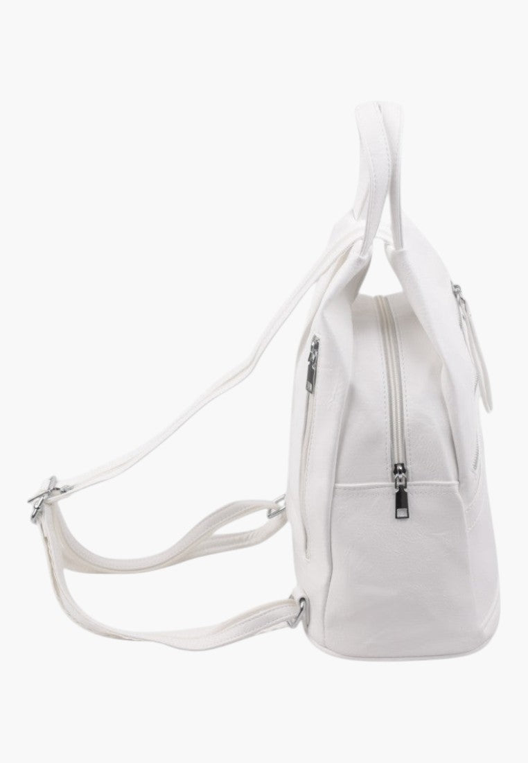 Falio white faux leather urban backpack with side view showing zipper pockets and adjustable straps