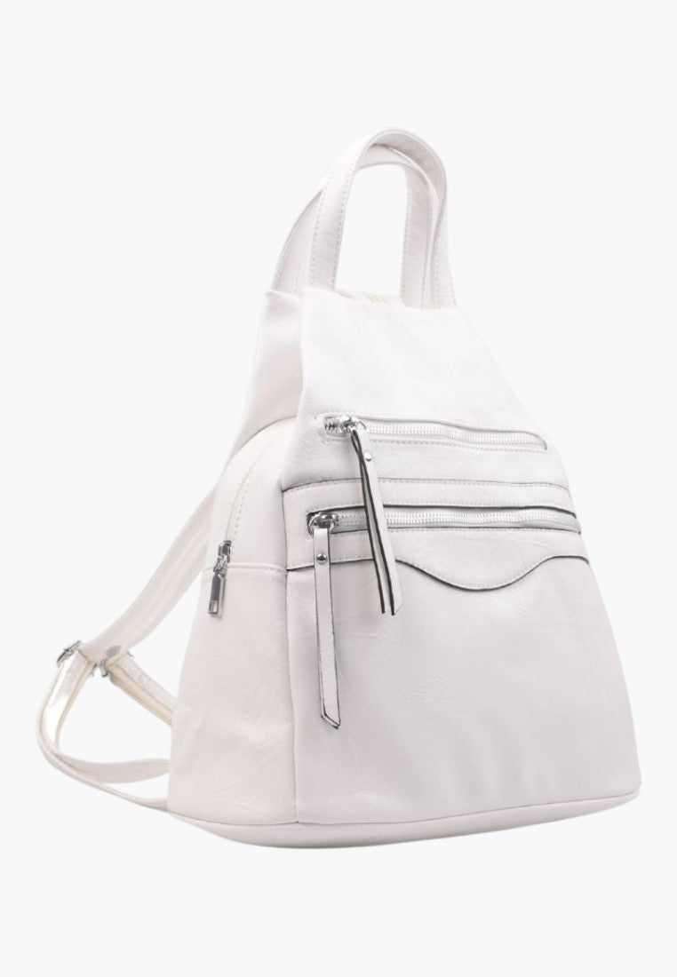 Falio white faux leather urban backpack with multiple zippered pockets and top handle for women