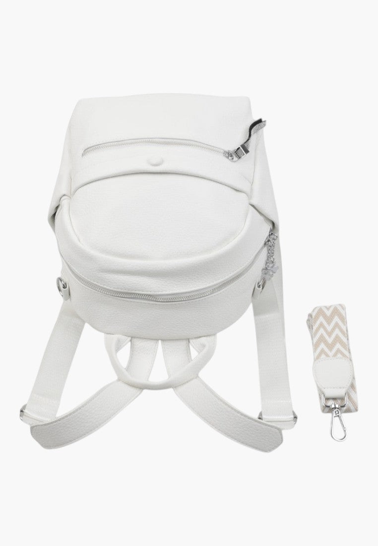 Falio white faux leather urban backpack with multiple zippered pockets and a detachable patterned shoulder strap