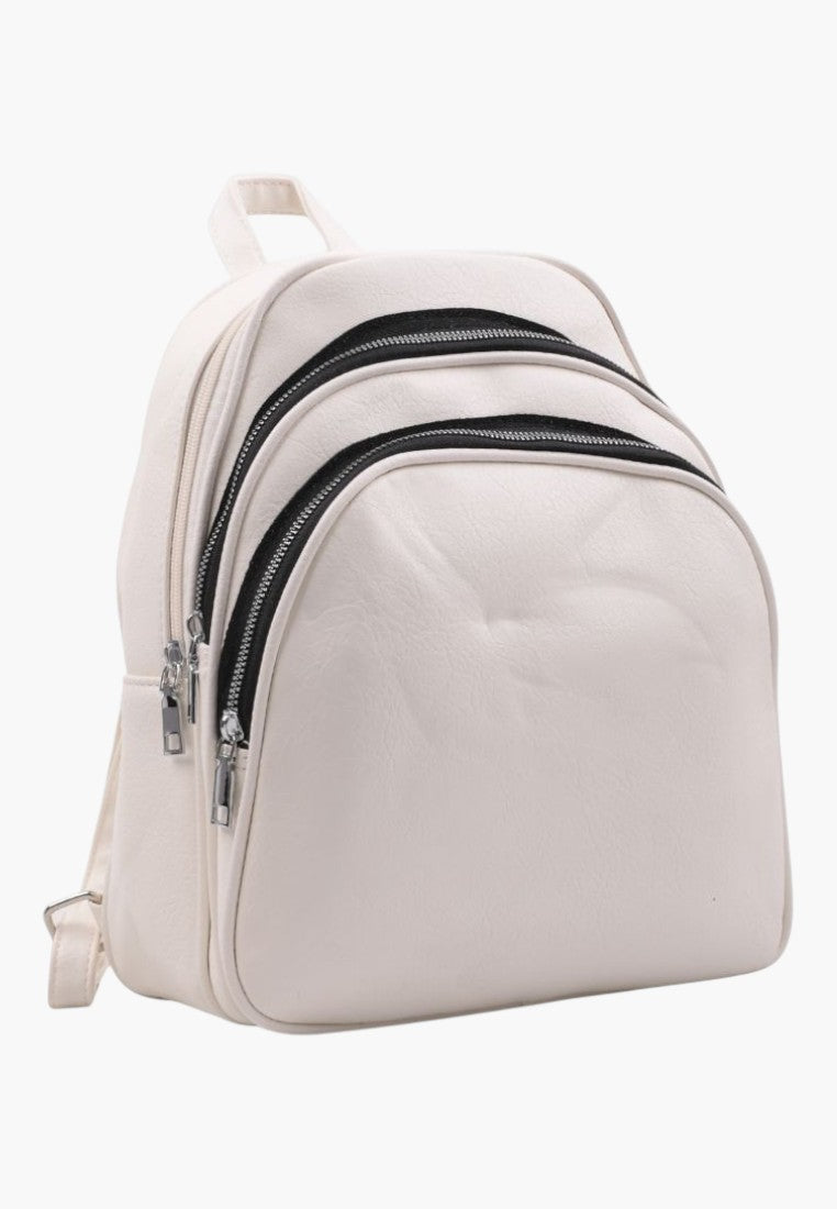Falio white faux leather urban backpack with three zippered compartments and A4 capacity