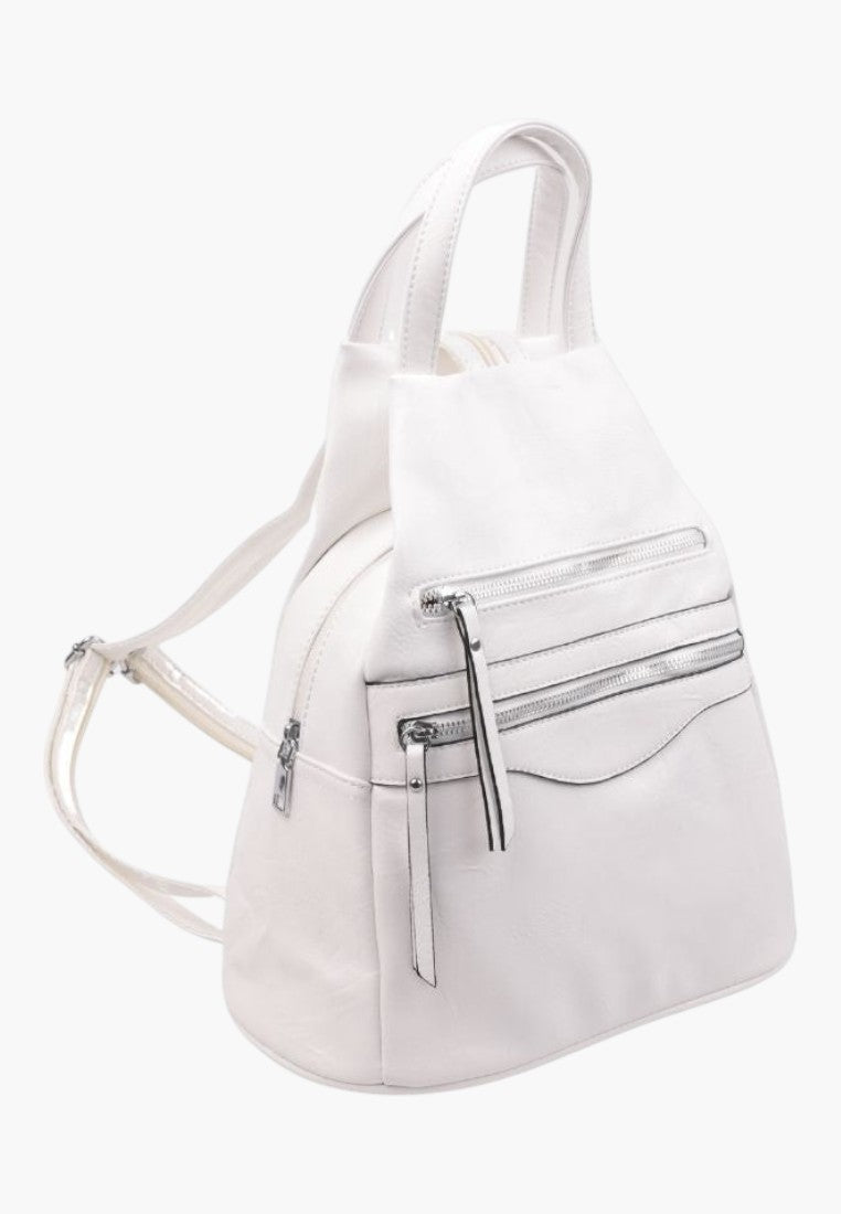 Falio white faux leather urban backpack with multiple zippered pockets and top handle for women