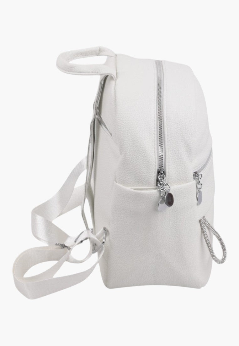 Falio white faux leather urban backpack with silver zippers and adjustable straps, side view