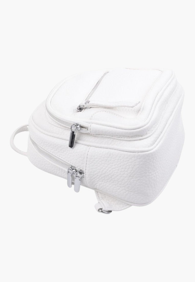 Falio small white faux leather urban backpack with multiple zippered compartments and textured finish