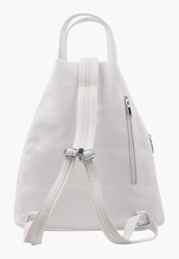 Falio white faux leather urban backpack with adjustable straps and zippered back pocket