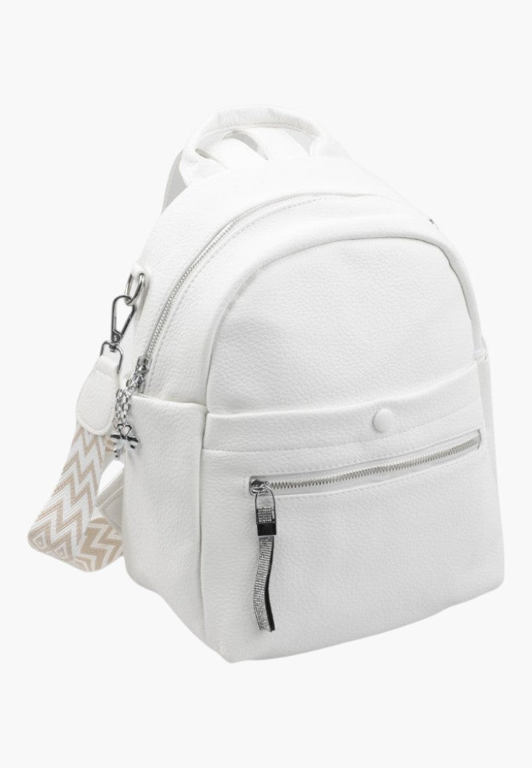 Falio white faux leather urban backpack with a patterned strap, front zipper pocket, and silver hardware.