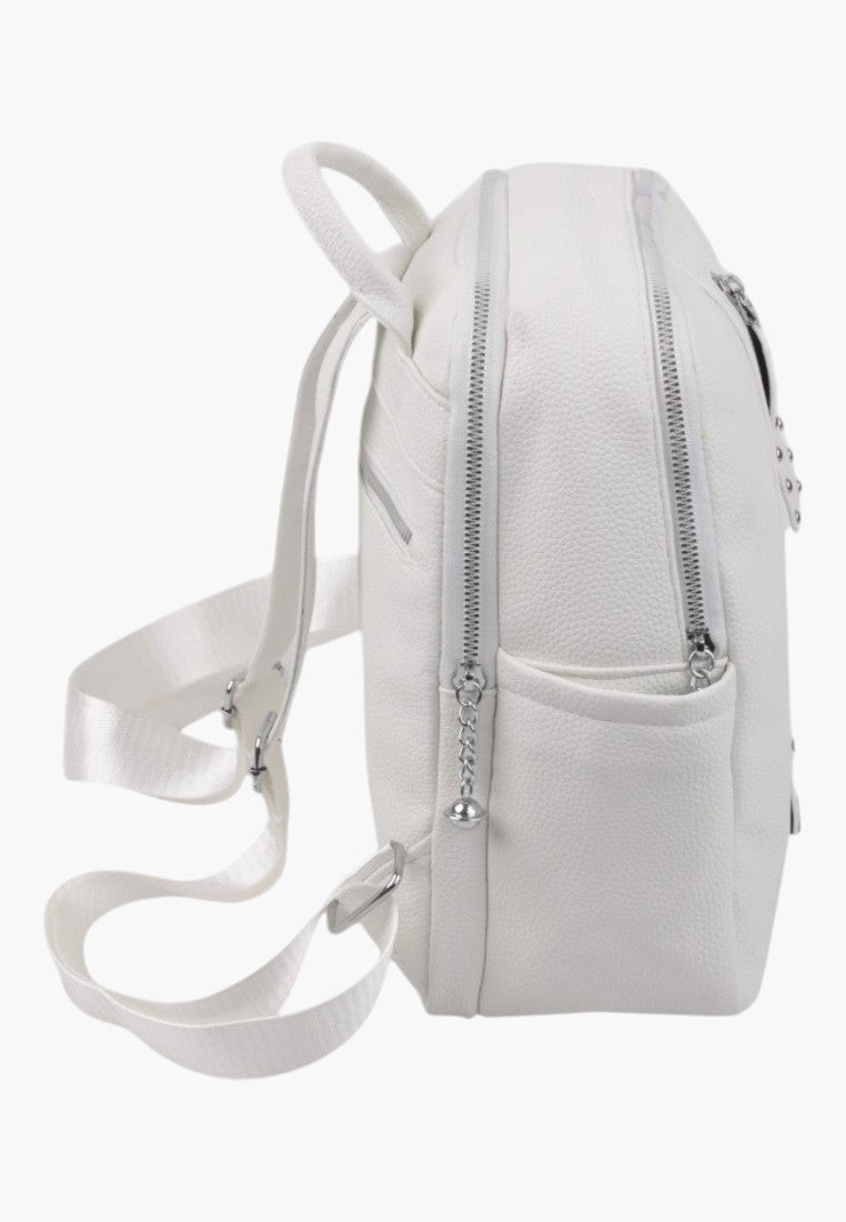Falio white urban faux leather backpack with side view, silver zippers, and adjustable straps for daily use.
