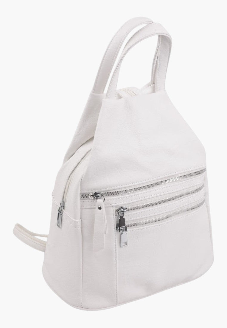 Falio white faux leather urban backpack with multiple zippered pockets and top handle for women