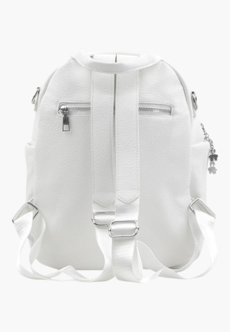 Falio white faux leather urban backpack with adjustable straps and back zipper pocket, view from the back.