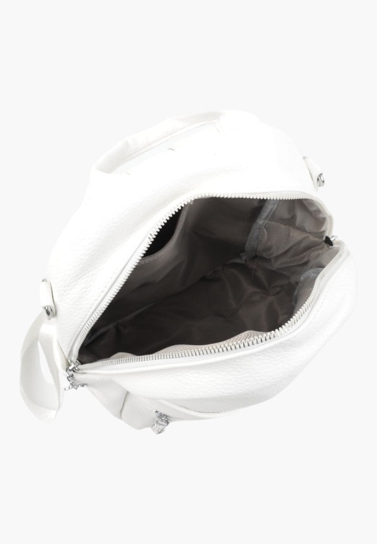 Falio white faux leather urban backpack with open main compartment showing interior lining and multiple pockets
