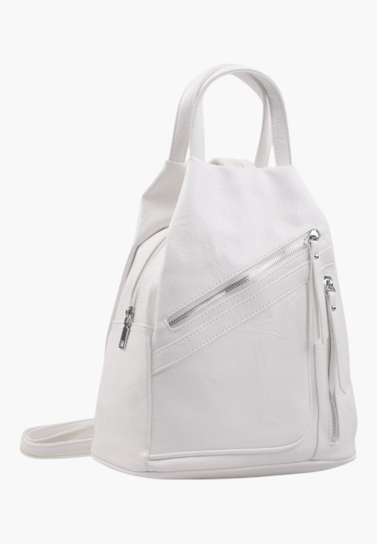 Falio white faux leather urban backpack with multiple zippered pockets and a top handle for daily use