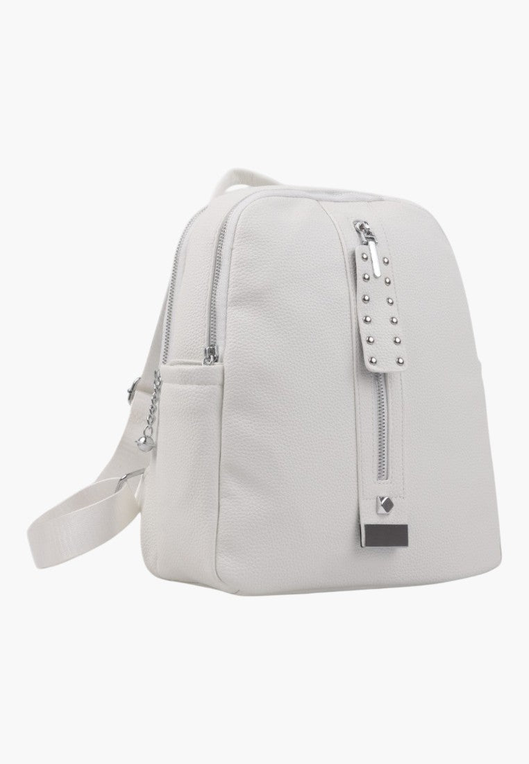 Falio white urban faux leather backpack with silver stud details and a front zippered pocket